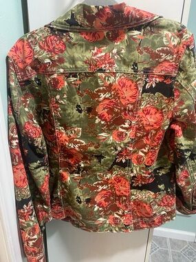 Live a Little Olive Camouflage Floral Jean Jacket with Red Blossoms